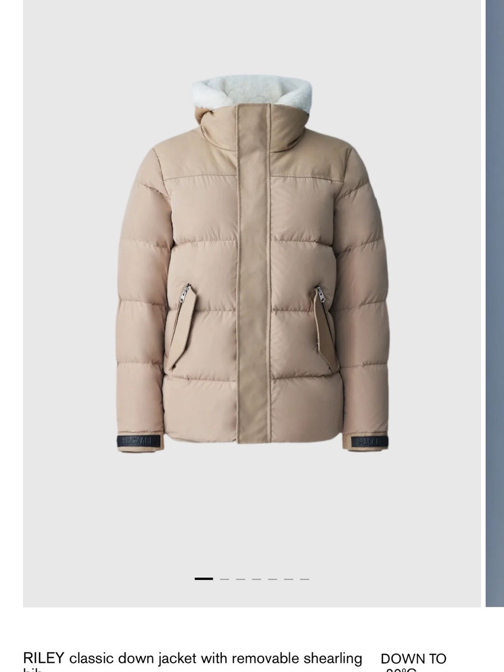 Mackage Riley Down Puffer Jacket in Beige with Shearling Trim